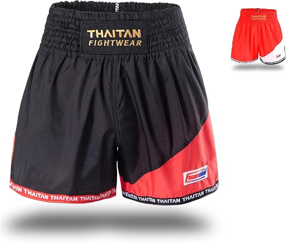 Muay Thai Boxing Shorts, Black and Red, Athletic Fight Gear, Boxing Kickboxing Trunk Unisex
