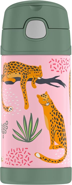 THERMOS FUNTAINER 12 Ounce Stainless Steel Vacuum Insulated Kids Straw Bottle, Lazy Cheetah
