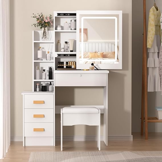 Vanity Desk with Sliding Mirror and Lights, Bedroom Dressing Table with 4 Drawers & Storage Shelves, Modern White