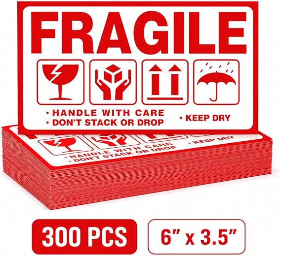 Large Fragile (6" X 3.5") Handle with Care Keep Dry Upward Do Not Trample Shipping Box Warning Stickers Label (STK-02 300pcs)