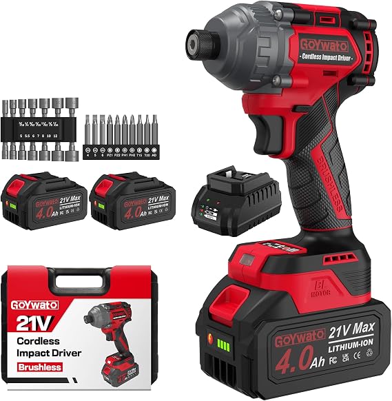 2655In-lbs 21V Brushless 1/4" Power Cordless Impact Driver Set Red