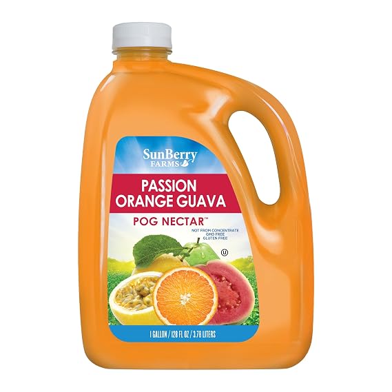 Sunberry Farms POG 128oz Passion Orange Guava Tropical Juice, Real Fruit Nectar, No Artificial Flavors or Colors, Family-Size 1 Gallon Bottle
