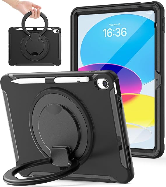 BATYUE Shockproof Case for iPad A16 11th / 10th Gen, Black | 3in1 PC+TPU, Heavy Duty, 360 Rotatable Ring Stand for Grip, Carry, Hang & Multi-Angle View, Screen Protector, Pencil Holder