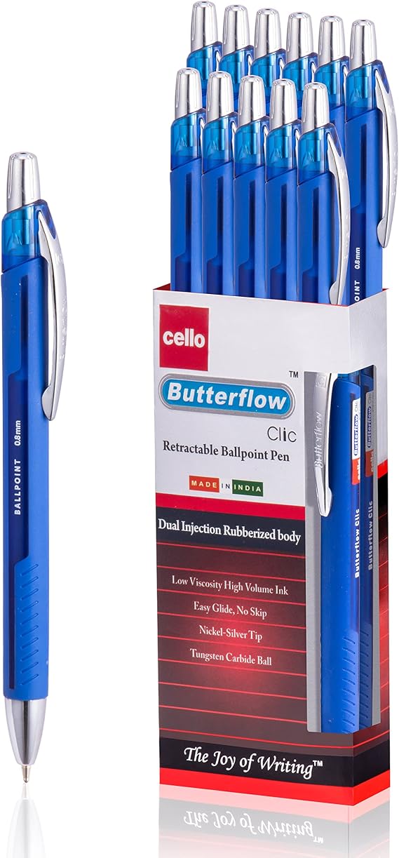 Cello Blue Retractable Ballpoint Pen | MediumTip | Ergonomic Handle - (0.8 mm)| Blue Pen 24 Pcs