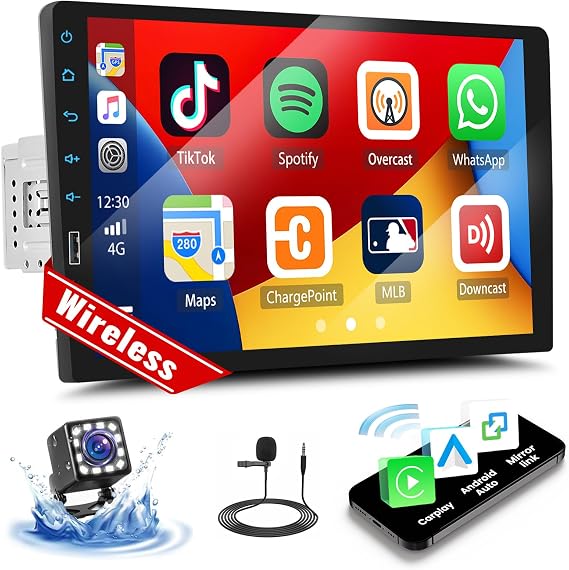 UNITOPSCI 9 Inch Single Din Wireless Apple CarPlay Android Auto Car Stereo Touch Screen Bluetooth FM Car Radio Receiver Mirror Link USB Playback DVR Input with Backup Camera Mic