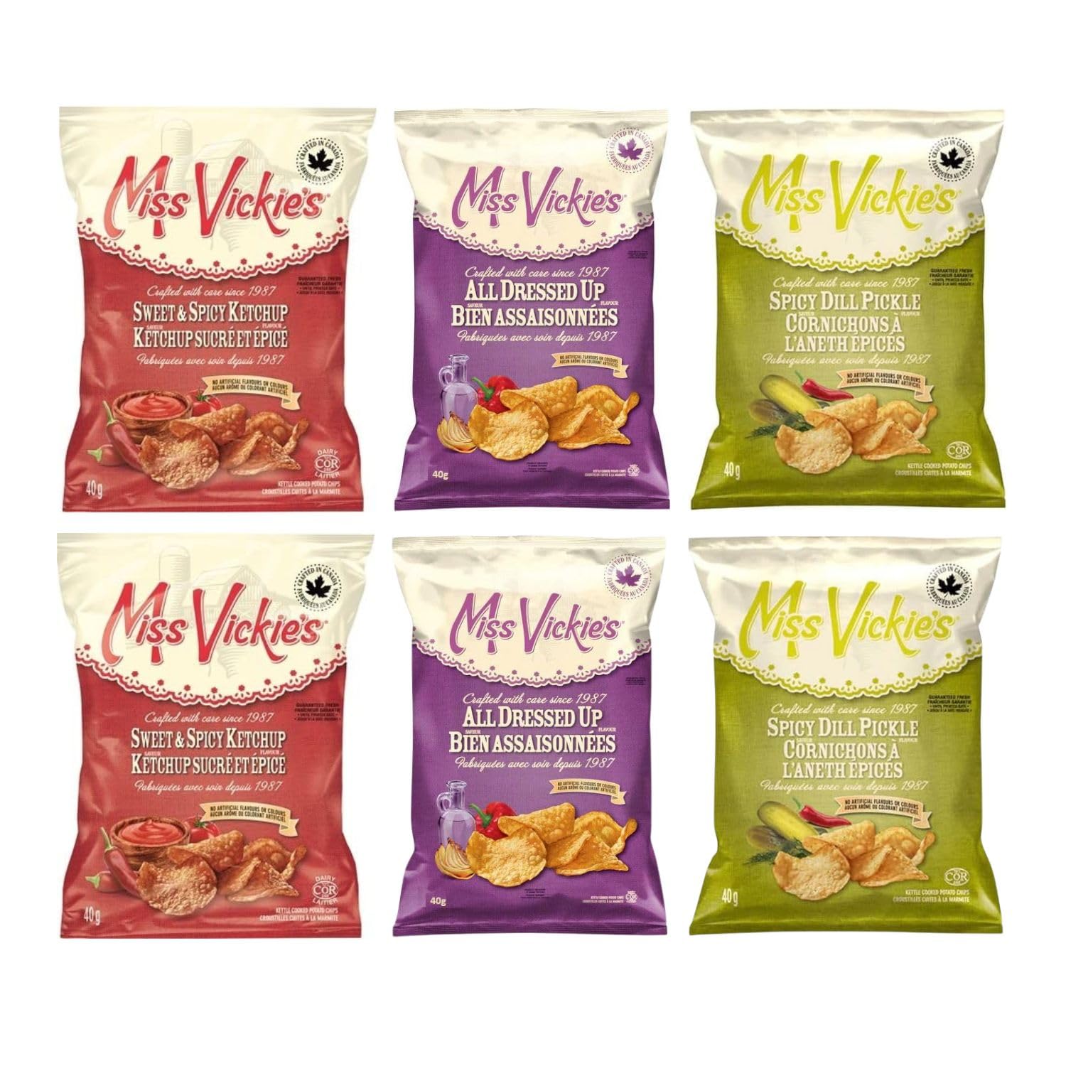 Miss Vickies Potato Chips Canadian Variety Pack, All Dressed, Spicy Dill, Sweet & Spicy Ketchup, 40g1.4oz Pack of 6 Shipped from Canada