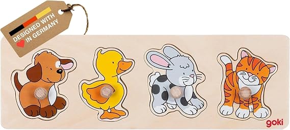 GOKI Wooden Peg Puzzle for Toddlers Montessori Inspired Learning Toys for Toddlers I Farm Animals Knob Puzzle Ages 1+ Develops Fine Motor Skills and Shape Recognition I Designed with Love in Germany