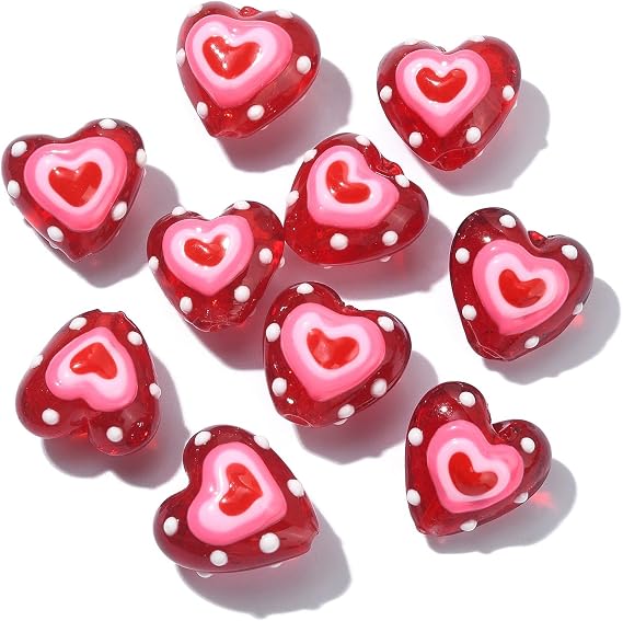 LiQunSweet 10 Pcs Handmade Lampwork Glass Beads Spacer Sweet Red Heart Beads for Bracelet Making Jewelry DIY Necklace Earrings Keychain