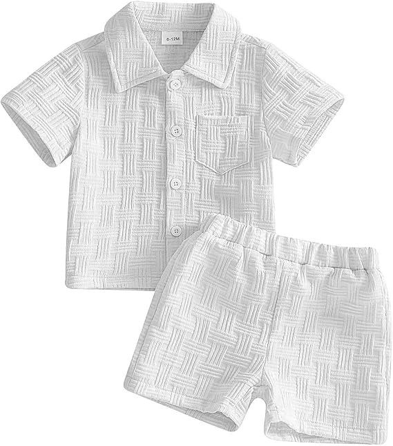 2Pcs Toddler Boy Clothes Baby Summer Outfit Solid Plain Button Down Shirts Elastic Waist Shorts Clothes Set for Kids