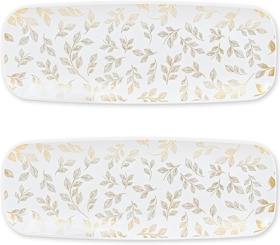 Rectangle Gold Leaves White Serving Tray (2-Pack) - 17.5" Disposable Serving Platter for Appetizer, Fruits & Serving Dishes | Perfect Plastic Tray for Party Serveware
