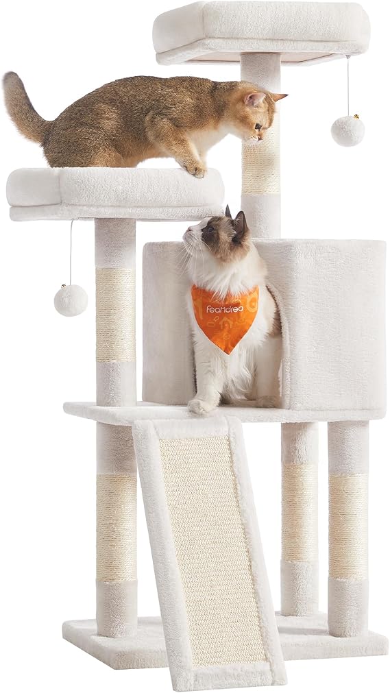 Feandrea Cat Tree, 45.3-Inch Cute Cat Tower, Plush Climbing Condo, White
