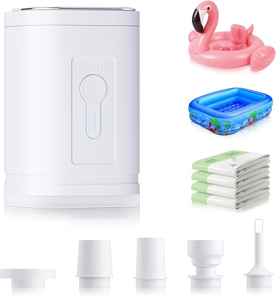 Air Pump for Inflatables Portable Air Pump with LED Light 3 Modes, Electric Mini Tiny Type C Rechargeable, Quickly Inflate & Deflate for Swimming Ring, Toys, Pool Float, Deflate Storage Bag White