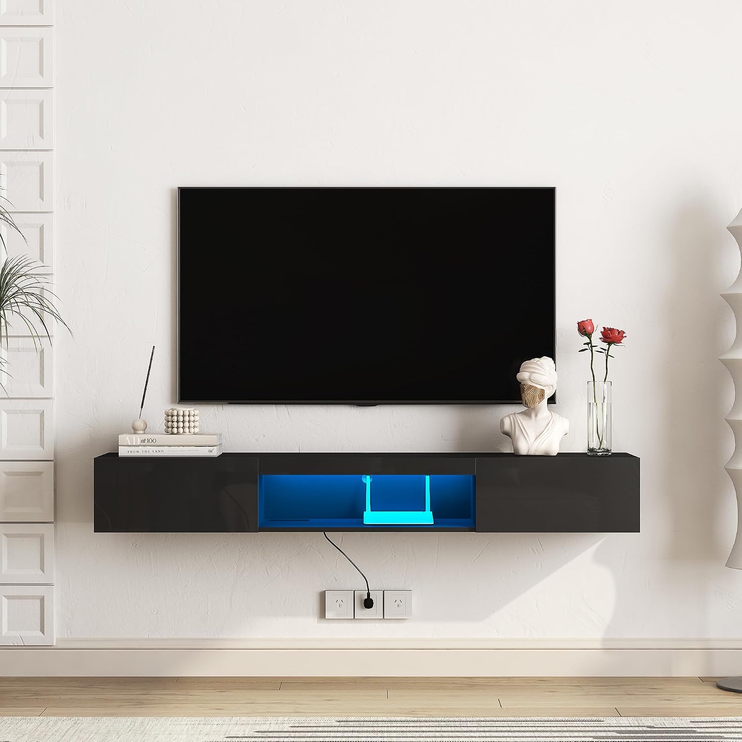Floating TV Stand Shelf for TVs up to 80 Inch, Floating TV Cabinet with LED Light, Modern Wall Mounted Media Console Shelf with Power Outlets, Entertainment Center for Under TV Storage, Black