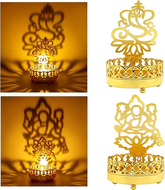 Metal Ganesha Lakshmi Shadow Diyas Diwali Tea Light Candle Holder Birthday Wedding Gifts for Indian Friends Man Woman Murti Puja Item Home Office Temple Mandir Pooja Altar Decor
