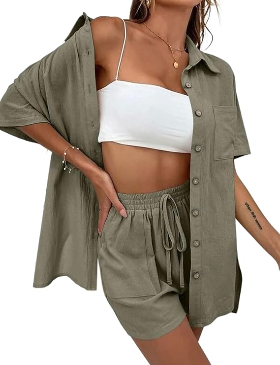 Outfits for Women 2 Piece Sets Button Down Short Sleeve Shirts Drawstring Elastic Waist Short Pants Set Lounge Outfits