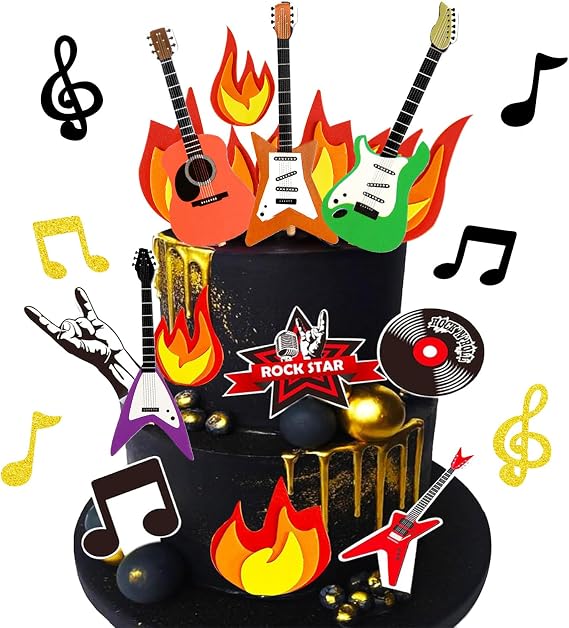 Guitar Cake Topper Music Note Birthday Cake Topper Disco Ball Rock and Roll Cake Cupcake Decoration for Rock Star Musician Bass Guitar 80s Retro Themed Party Supplies