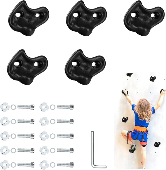 5PCS Rock Climbing Holds for Kids Extra Large Black, Indoor Outdoor | 230 lbs Rated, Hardware Wrench Included, Textured Grip, Weatherproof, Easy Install on Wood for Playroom Backyard