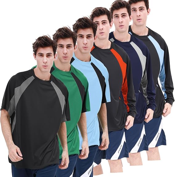 6 Pack:Men's Active Quick Dry Crewneck Color Block T-Shirt [3Short +3Long Sleeve] Running Gym Workout Sun Protection Tops