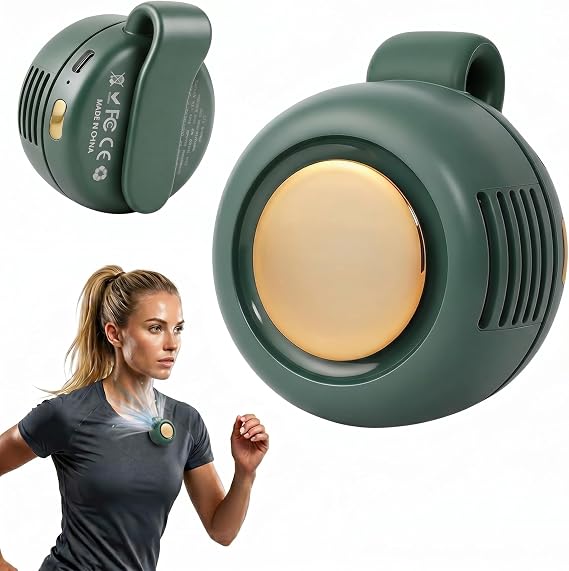 Brabantia Portable Mini Clip On Fan, Clip-On Bladeless Fan For Shirt with 3 Speeds Mini Portable Fan for Waist Clips Suitable for Outdoor, Office, Travel, Sporting (Green)