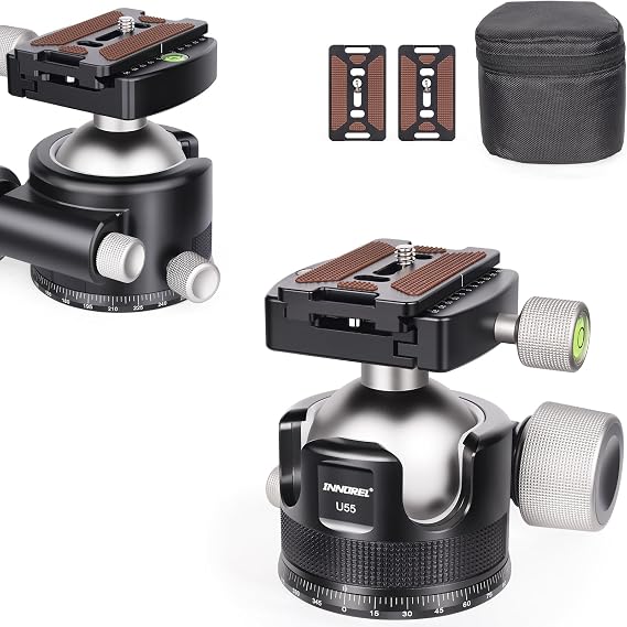 INNOREL U55 Low Profile Camera Tripod Ball Head,55mm All Metal Heavy Duty 360 Panoramic Ball Head Mount with 3 Arca Swiss Quick Release Plates for Tripod Monopod DSLR Camera, Max Load 66lbs/30kg