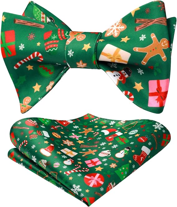 HISDERN Christmas Bow Ties for Men Xmas Self-tied Bowties and Pocket Square Set Festival Woven Bowtie Handkerchief
