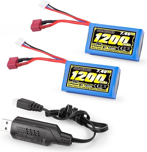 HAIBOXING RC Car T Plug 7.4V 1200mAh Li-PO Rechargeable Battery, 2S RC Trucks Batteries Apply for HBX 16889 & 16890A &16890SA & 3100A 2 Pack Batteries with USB Charger(E782-1200)
