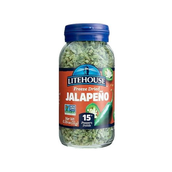 Litehouse Freeze Dried Jalapeno Peppers - Freeze Dried Pepper, Substitute for Fresh Jalapeno, Dried Pepper Flakes, Non-GMO, Gluten-Free - 0.39 Ounce | Freeze dried jalapeno peppers for tacos, nachos, chili, dips, burgers, pizza, eggs, soups, and everyday spicy recipes.