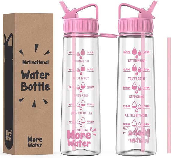 More Water Bottle With Straw, Motivational Time Markings 900ml - Drinking Tracker Bottles - Times to Drink - BPA Free Sports Bottles