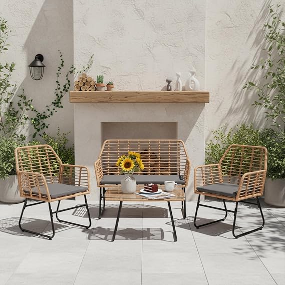 Outdoor Garden Furniture Set 4 Person Rattan Armchair Garden Table Outdoor Garden Table with Chair 2 Seater Sofa + 2 Armchairs + 1 Garden Table Removable Cushions Polyrattan