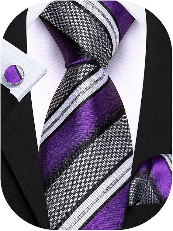 Barry.Wang Mens Tie Set Plaid Check Stripe Neckties Pocket Square Cufflinks