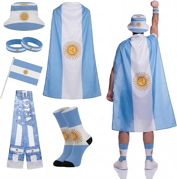 Newcotte 7 Pcs 2026 Soccer Fan Kit with Flag Cape Hat Scarf Sock Argentina