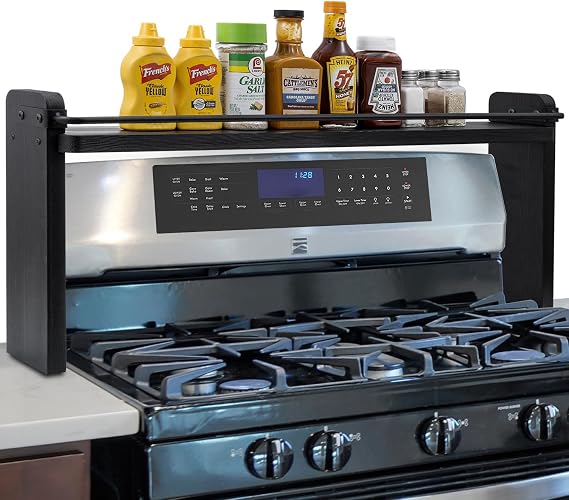 MyGift 33-Inch Stove Top Spice Shelf, Coal Black Wood & Metal Storage Rack