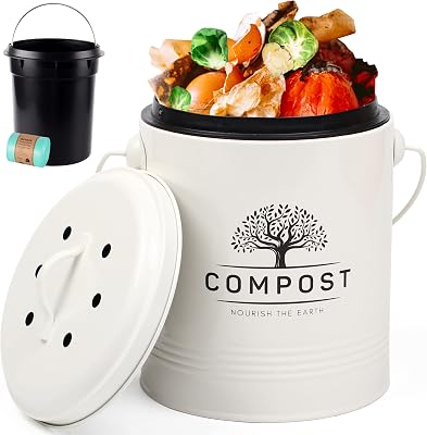 Perfnique Kitchen Compost Bin, 1.3 Gallon Countertop Compost Bin with Lid, Indoor Compost Bucket Includes Inner Bucket Liner and Carbon Filter, Small Compost Bin with Trash Bags with Bags, Cream