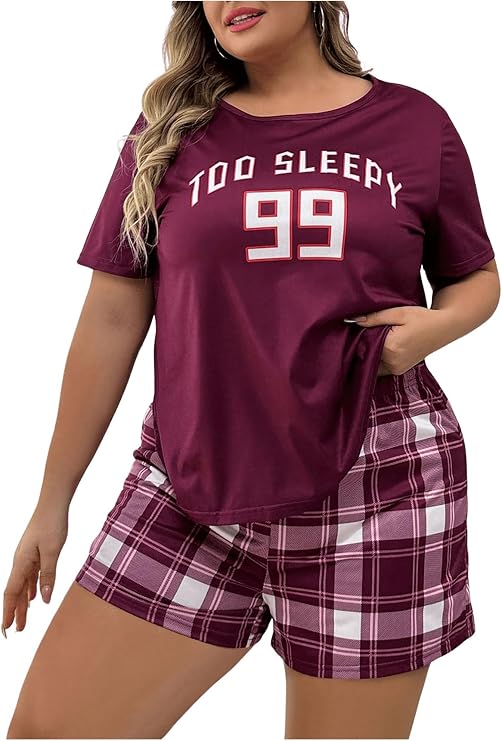 GORGLITTER Women's Plus Size Pajama Set 2 Piece Letter Short Sleeve Shirt Plaid Boxer Shorts Pjs Lounge Sets