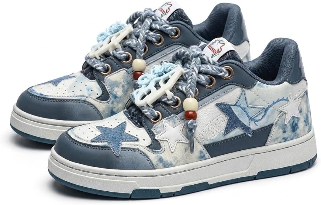 Chic Genuine Leather Casual Fashion Sneakers for Women Trendy Low Top Lace Up Walking Shoes for Office Travel Streetwear Vintage Star Patch Anti Slip Platform Footwear