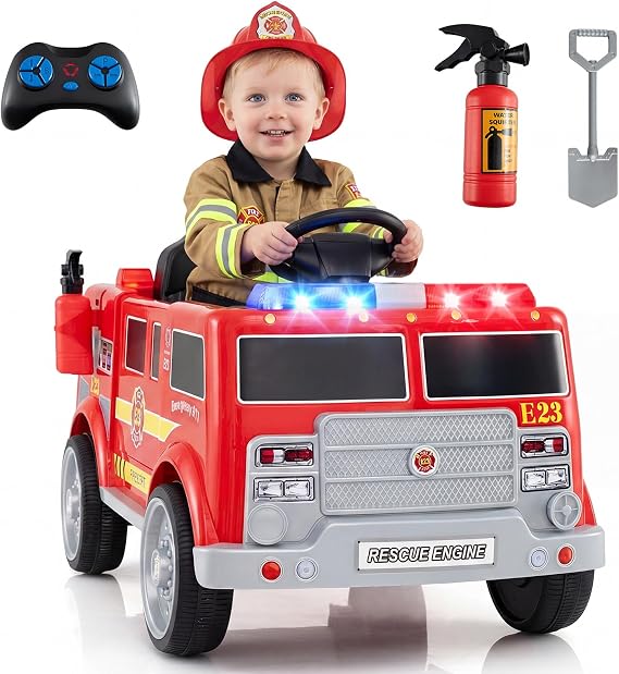 Costzon Kids Ride on Fire Truck, 12V Battery Powered Fire Car w/Remote Control, Extinguisher, Shovel, Loudspeaker, Music, Sirens, Lights & Wireless Connection, Electric Vehicle for Kids(Fire Truck)