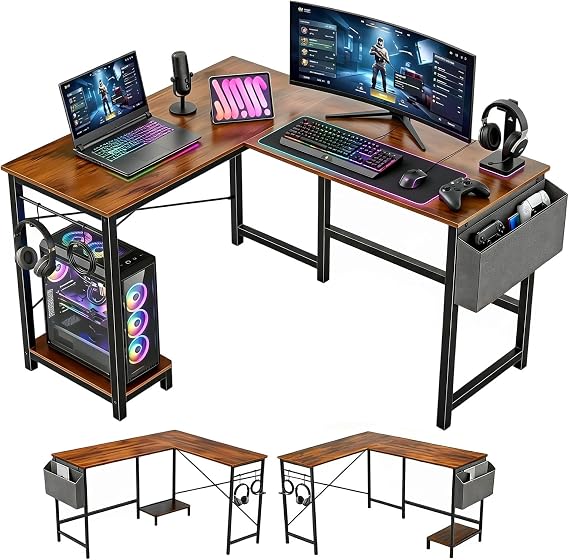 L Shaped Desk, 50 Inch Reversible Computer Desk Corner Gaming Table with CPU Stand & Storage Bag, Sturdy Metal Frame PC Workstation for Home Office, Brown Wood