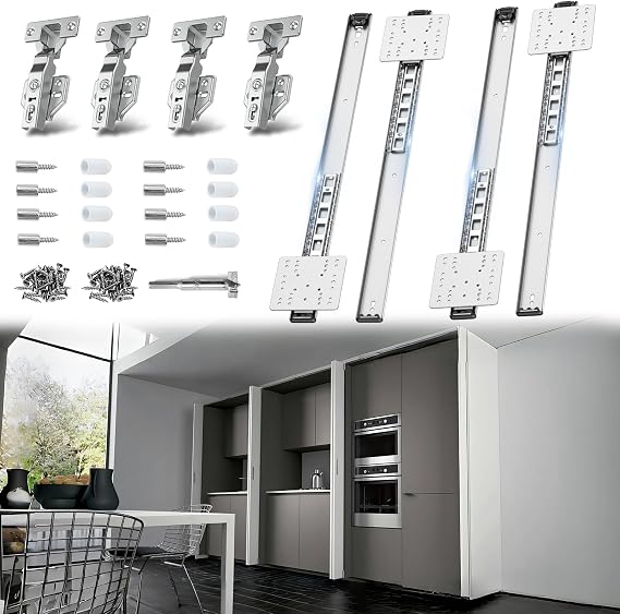 Sliding Hidden Door Track, Pocket Door Hardware, Smooth Gliding Pocket Door Slides with Hinges for Cabinet and Recessed Doors (24IN, Set, 2)