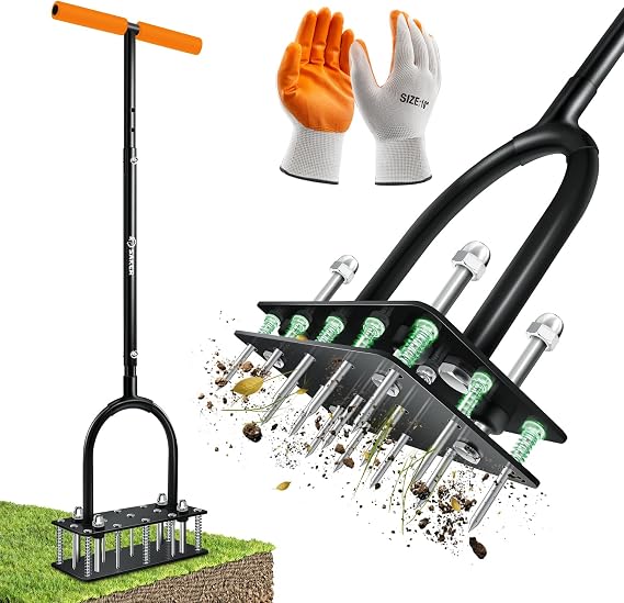 Saker Manual Lawn Aerator Tool with 15 Iron Spikes Orange
