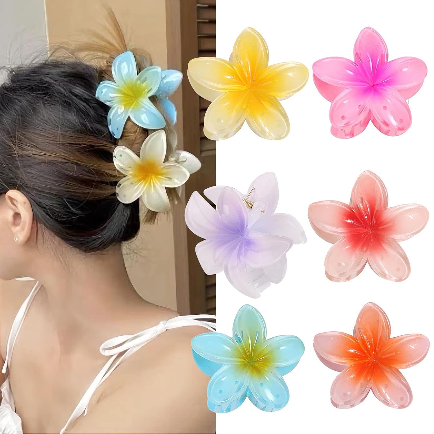 6pcs Flower Claw Clip, Large Hair Claw Clips for Thick Hair Thin Hair, Flower Hair Clips for Women Girls, Non Slip Strong Hold Hair Catch Clamps Barrettes Headwear Accessories 6 Colors