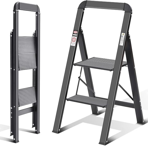 KINGRACK 2 Step Ladder with Handrail, Non-Slip Household Ladder with Folding Safety, Aluminium Folding Step Stool, Maximum Load 150 kg, Black