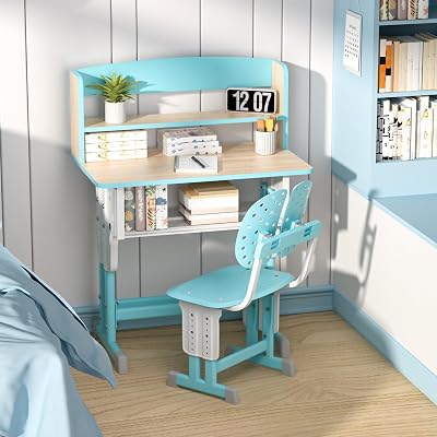 Kid Desk and Chair Set, Height Adjustable Study Desk, Ergonomic Childrens Desks, Boys Girls Desk, Kids Table and Chairs with Dual Partition Bookstand & Storage Drawer, Hook & Cup Holder Blue