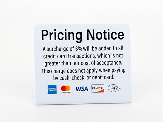 3pk Pricing Notice Credit Card Payment Signs, 3% Surcharge Countertop Display, Retail & Business Payment Signs, Credit Card Logos and Contactless Icon