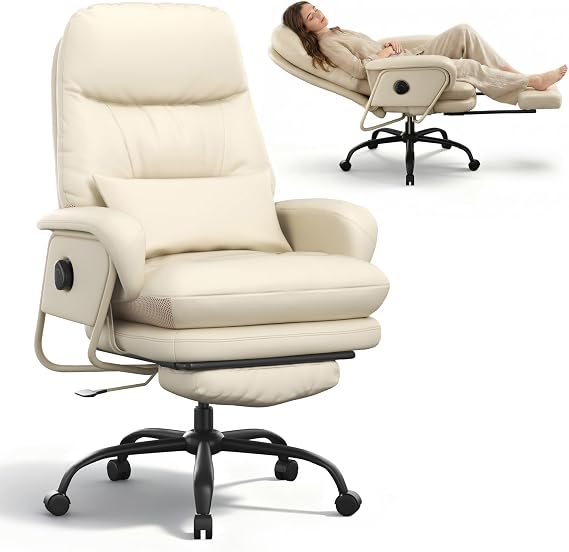 SANODESK Ergonomic Office Chair, Executive Chair with Premium Leather High Back Recliner Desk Chair with Retractable Footrest & Lumbar Support Pillow, 90°-165° Adjustable Tilt for Home Office, Beige