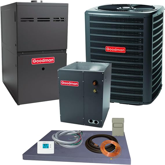 Goodman 2.5 ton 15.2 SEER2 Complete Split System with upflow coil and single stage 80% AFUE 80k BTU furnace with install accessories! (GLXS4BA3010 CAPTA3026B3 GR9S800803BN)
