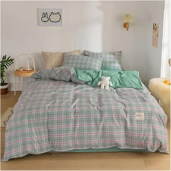Bedding Set Grid Dyed Cotton Washed Cotton Four-Piece Set Cotton Brushed Simple Super Soft Bed Sheet Quilt Cover Linens,Bed