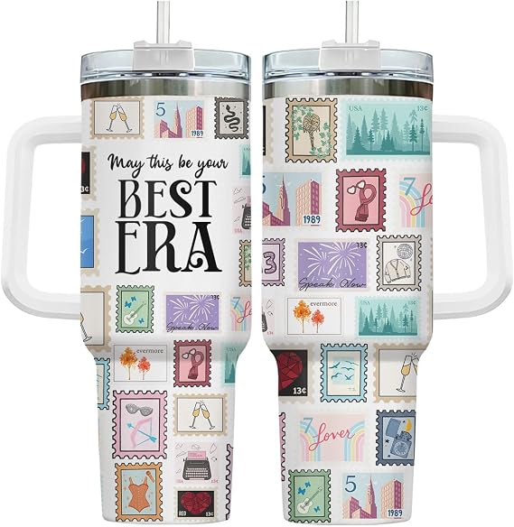 Stamp Collage Tumbler 40oz With Handle And Straw, Insulated Stainless Steel Travel Cup, Music And Book Lover Water Bottle, Birthday And Mothers Day Gift For Women