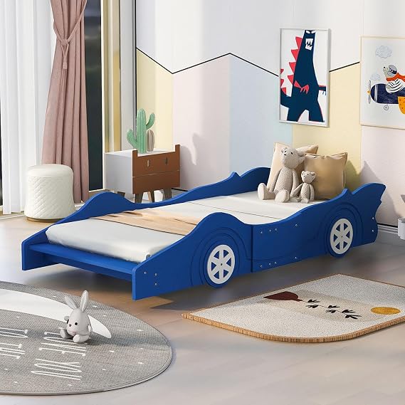 Twin Race Car Bed for Boys,Wooden Car Bed,Twin Car Bed Frame with Wheels,Sturdy Slats&Rails Heavy Duty,Noise Free,No Box Spring Needed,Easy Assembly (Blue, Twin)