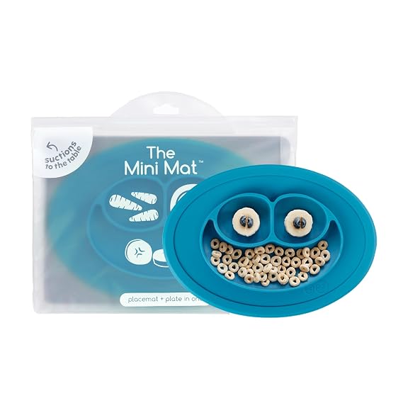 ezpz Mini Mat (Blue) - 6 -12 Months+ 100% Silicone Suction Placemat + Divided Plate with Three Compartments - Supports Baby-Led Weaning - Designed for Highchair, Table, and Travel