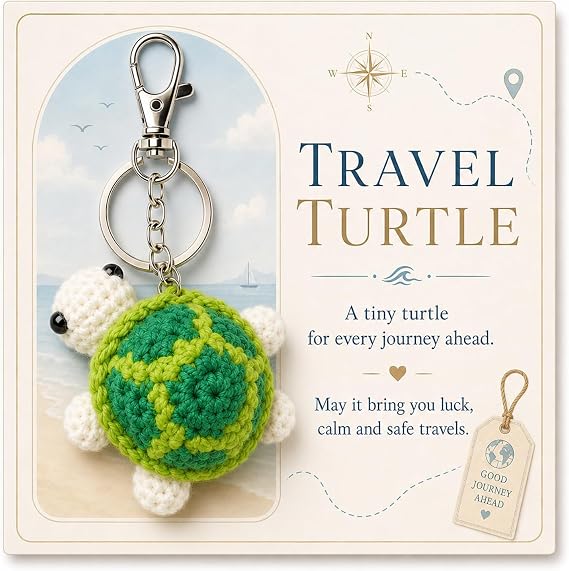 Ethlomoer Crochet Turtle Keyring Gift for Travellers - Handmade Small Travel Turtle Keychain, Cute Animal Key Chain Pendant for Backpack Purse Car Keys, Bon Voyage Present